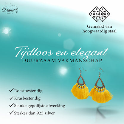 Boho Oorhangers met Kwastjes Geel 55x30mm
