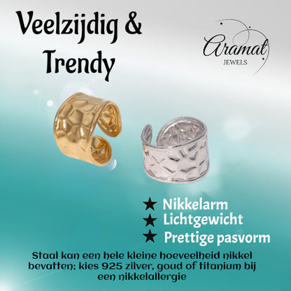 Brede Verstelbare Damesring met Geometrisch Design - 15mm RVS