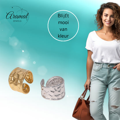 Brede Verstelbare Damesring met Geometrisch Design - 15mm RVS