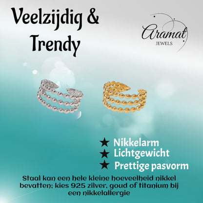 Open Ring RVS met Drie Bolletjeslijnen (10 mm)