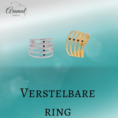 Brede Open Ring RVS met Bolletjesmotief en 5 Emaille Puntjes (16 mm)