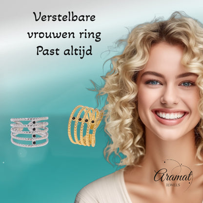 Brede Open Ring RVS met Bolletjesmotief en 5 Emaille Puntjes (16 mm)