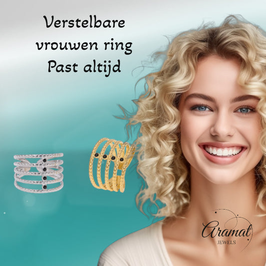 Brede Open Ring RVS met Bolletjesmotief en 5 Emaille Puntjes (16 mm)