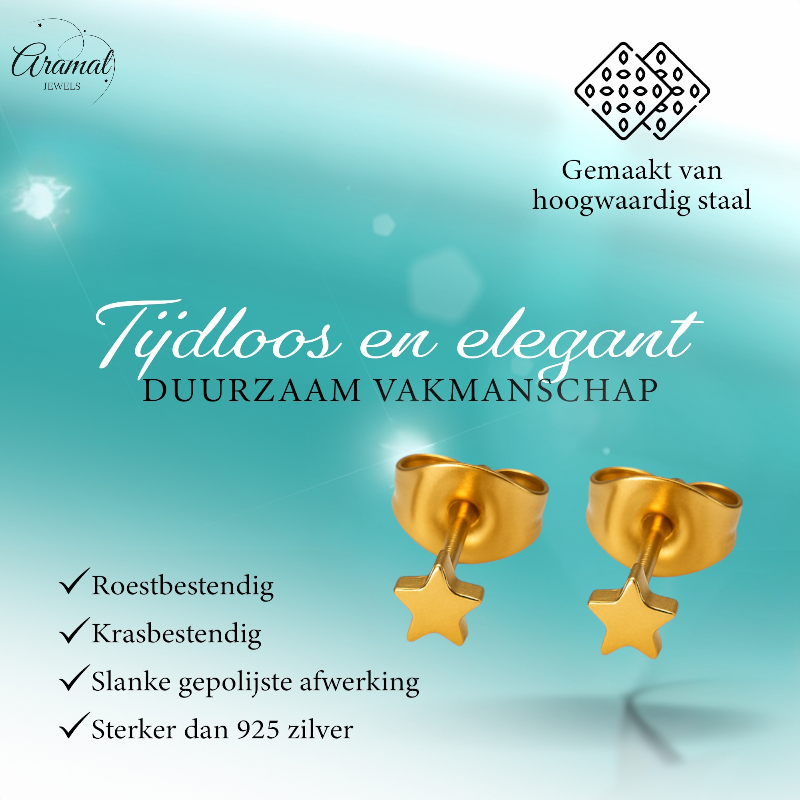 Boucles d'oreilles puces en forme d'étoile, en acier doré – 3 mm