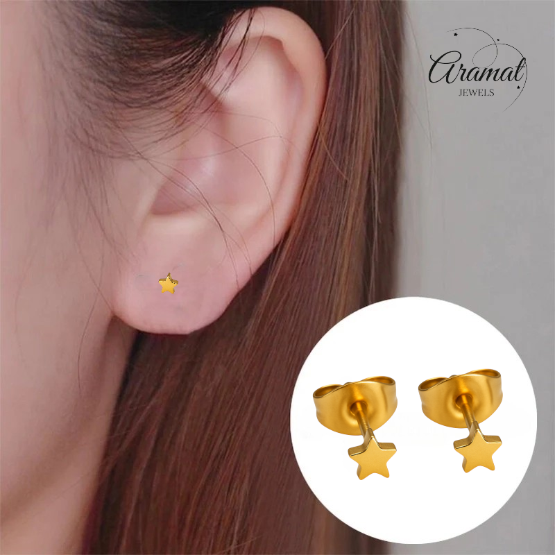 Boucles d'oreilles puces en forme d'étoile, en acier doré – 3 mm
