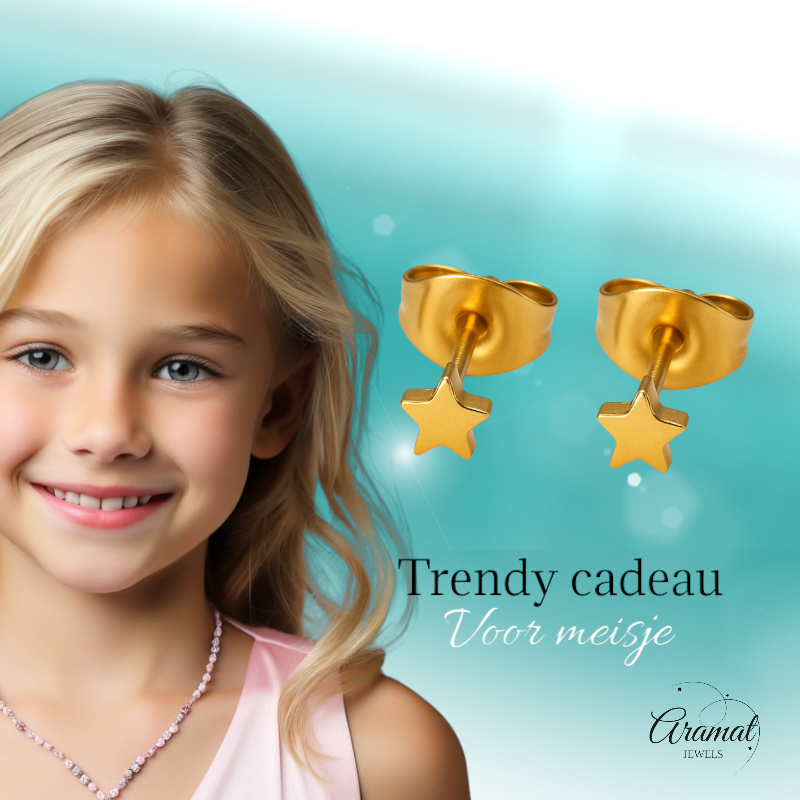 Boucles d'oreilles puces en forme d'étoile, en acier doré – 3 mm