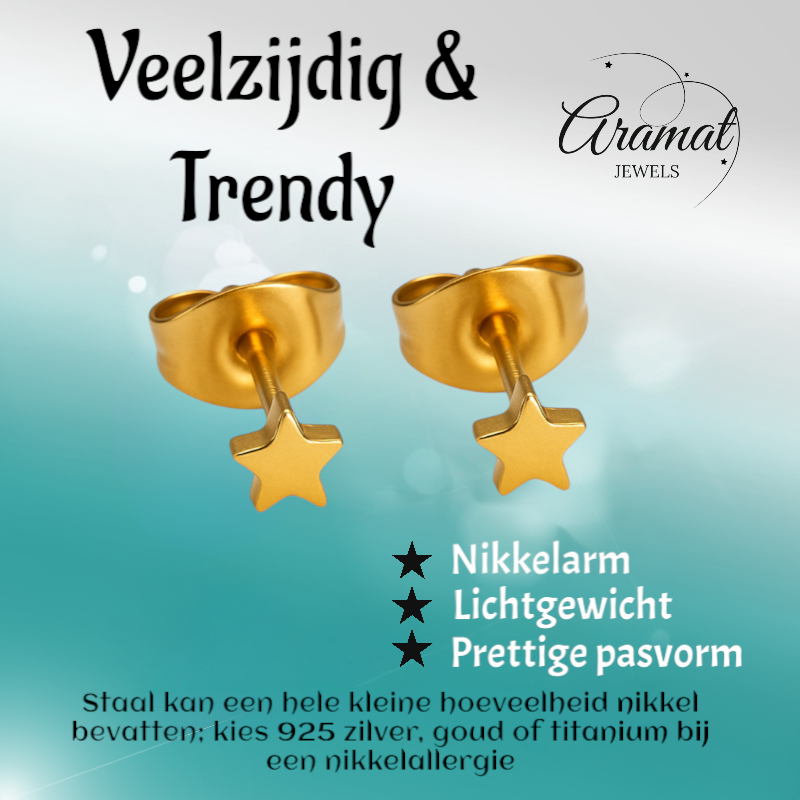 Boucles d'oreilles puces en forme d'étoile, en acier doré – 3 mm