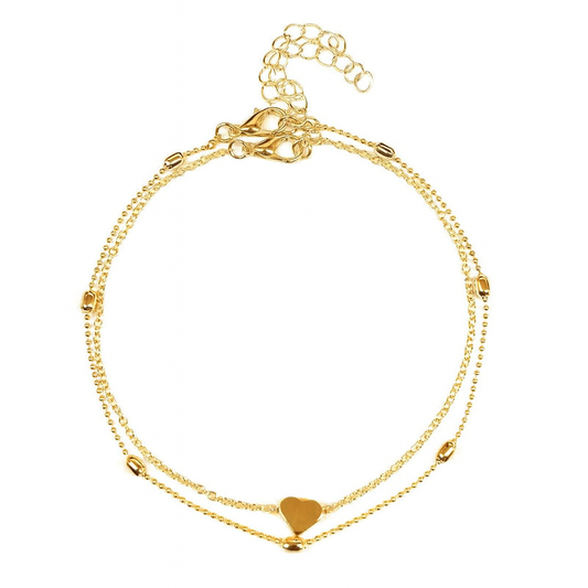 Bracelet de cheville en acier doré avec cœur et perles