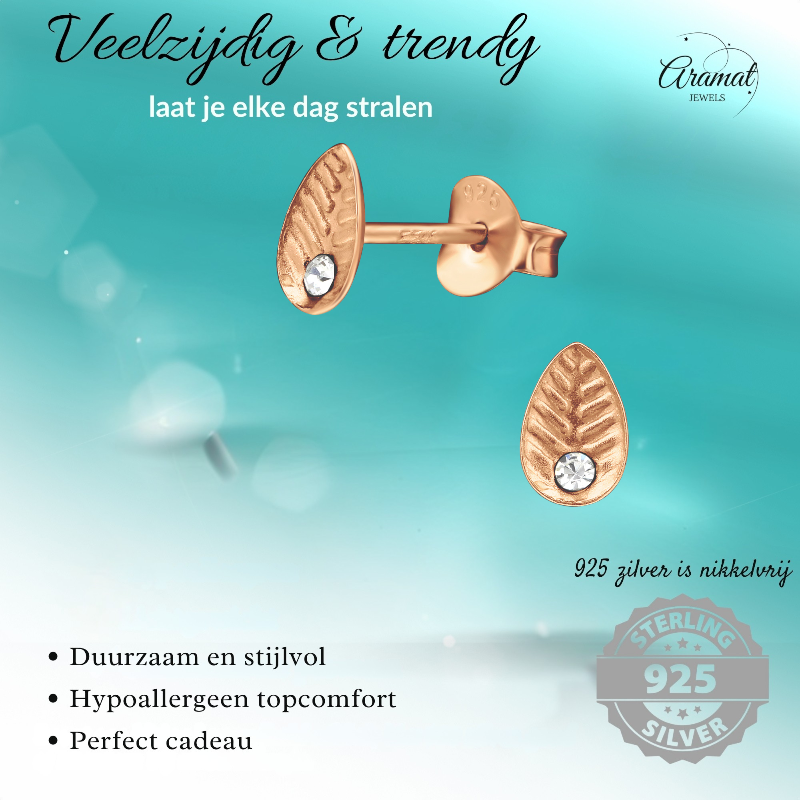 Boucles d'oreilles feuille d'argent rose/cristal – 6 x 4 mm