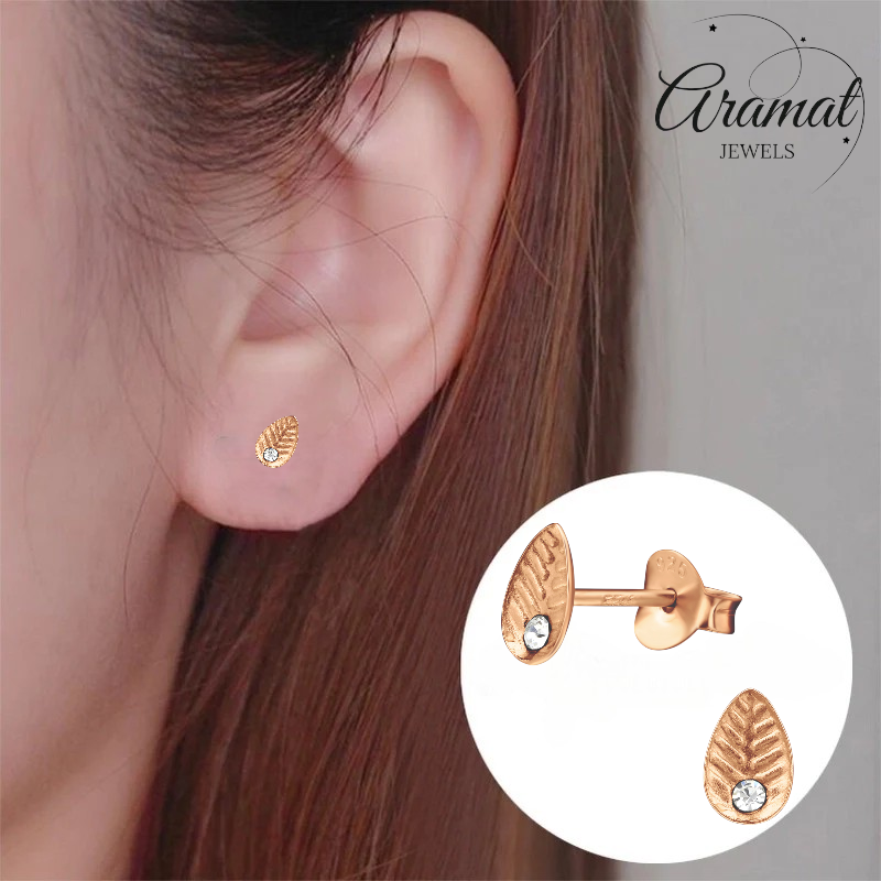 Boucles d'oreilles feuille d'argent rose/cristal – 6 x 4 mm