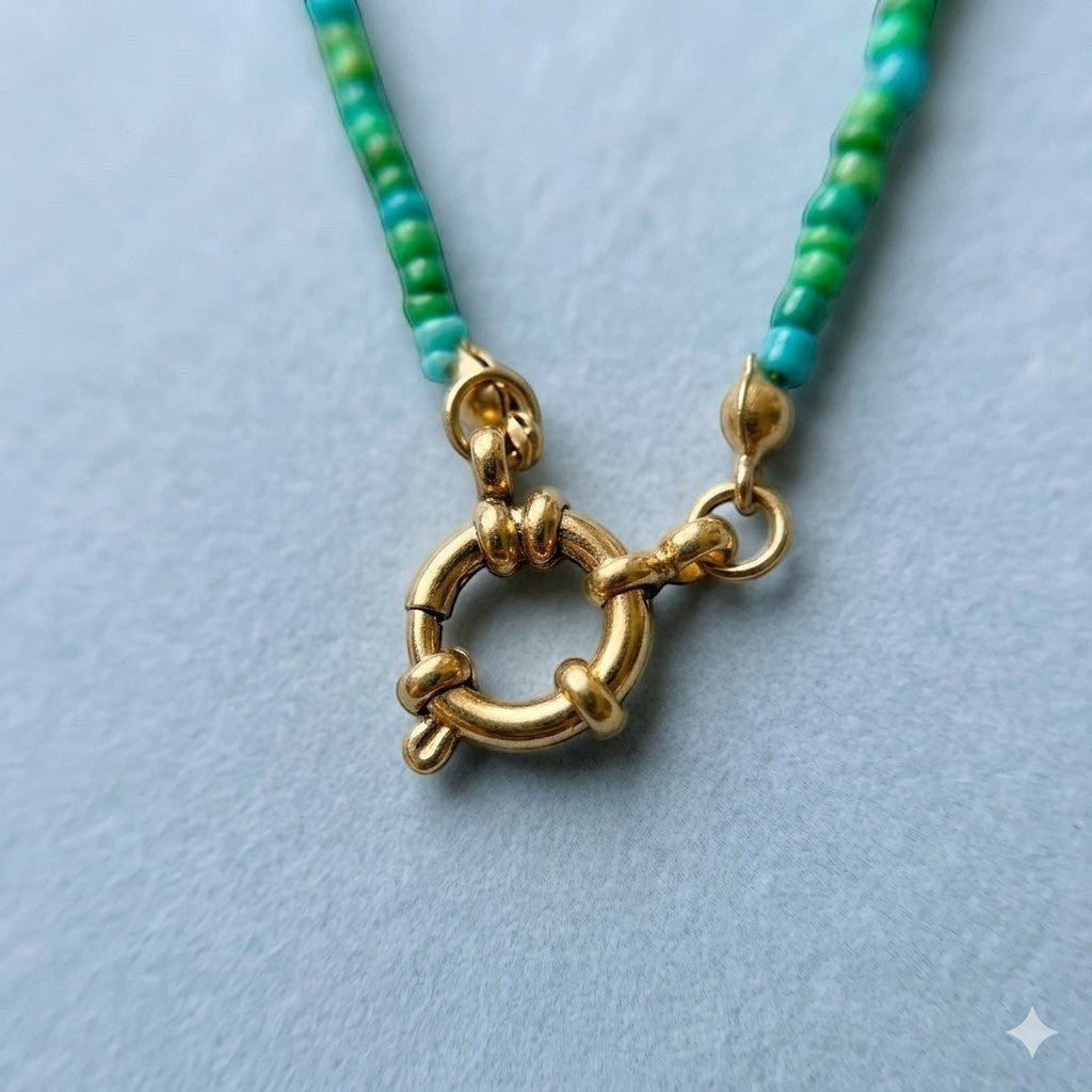 Goudkleurige Kralen Bedelketting Blauw Groen Rocailles RVS 42cm Dames