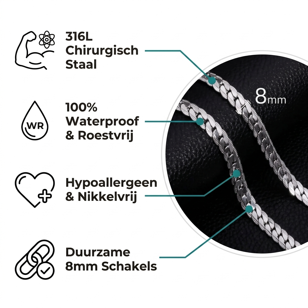 Platte Chunky Gourmet Ketting 8mm Zilverkleurig Staal