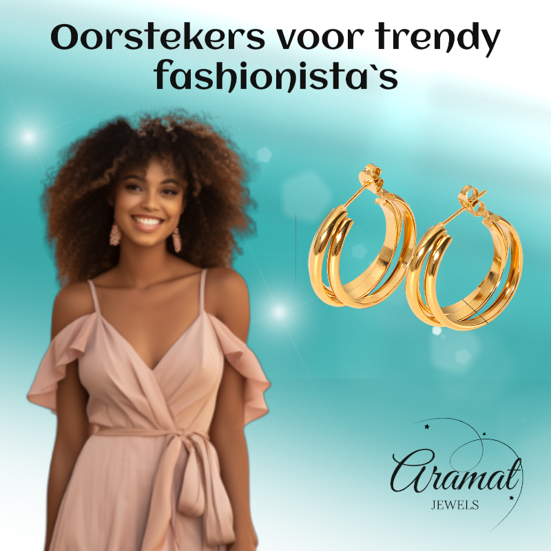 Goudkleurige 3-Lijns Halve Oorringen 24x9,5mm Twist RVS