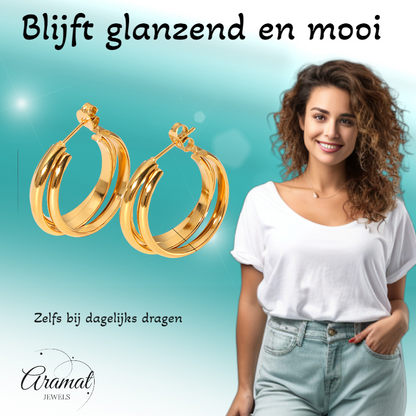 Goudkleurige 3-Lijns Halve Oorringen 24x9,5mm Twist RVS