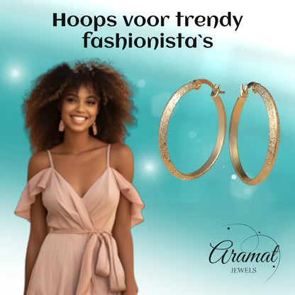 Goudkleurige Matte RVS Oorringen Sandblasted - 32 mm