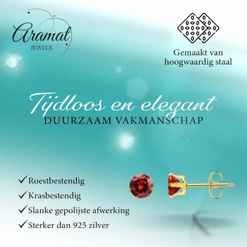 Goudkleurige RVS Oorstekers met Rode Zirkonia - vanaf 3 mm