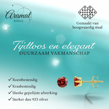 Goudkleurige RVS Oorstekers met Rode Zirkonia - vanaf 3 mm