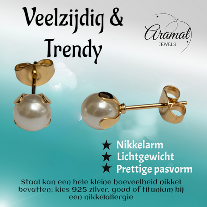 Goudkleurige Stalen Parel Oorbellen 6mm