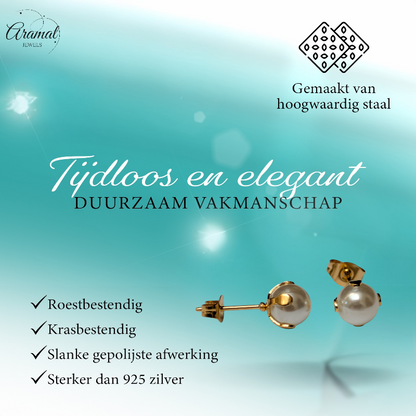 Goudkleurige Stalen Parel Oorbellen 7mm