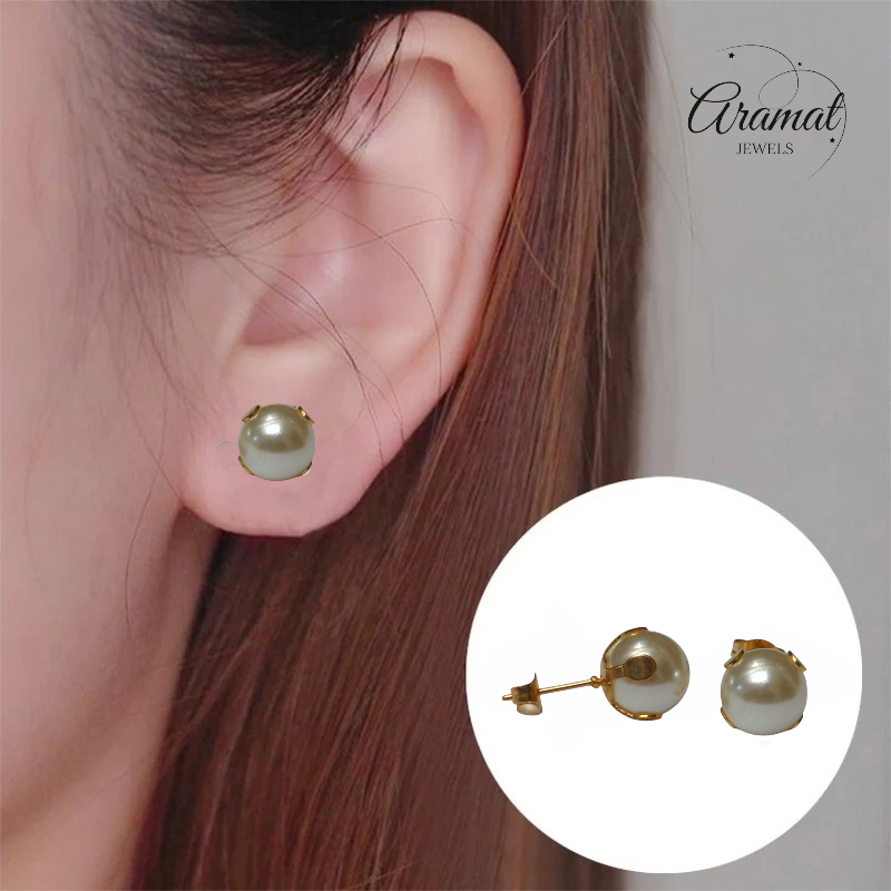 Goudkleurige Stalen Parel Oorbellen 9mm