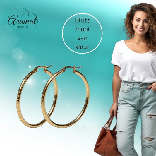 Boucles d'oreilles créoles rayées couleur or - 40 mm