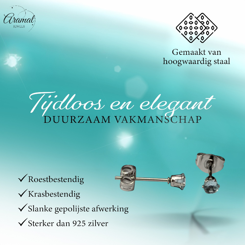 Boucles d'oreilles en zircon bleu clair – 3 mm – Acier inoxydable