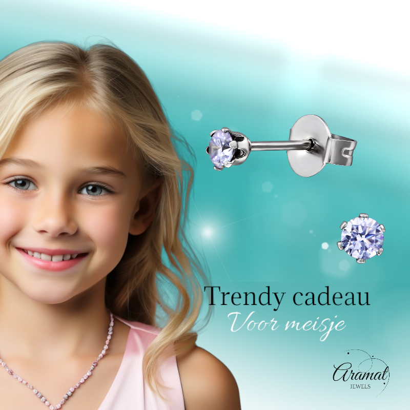 Zilverkleurige Zirkonia Oorbellen 3mm Lila