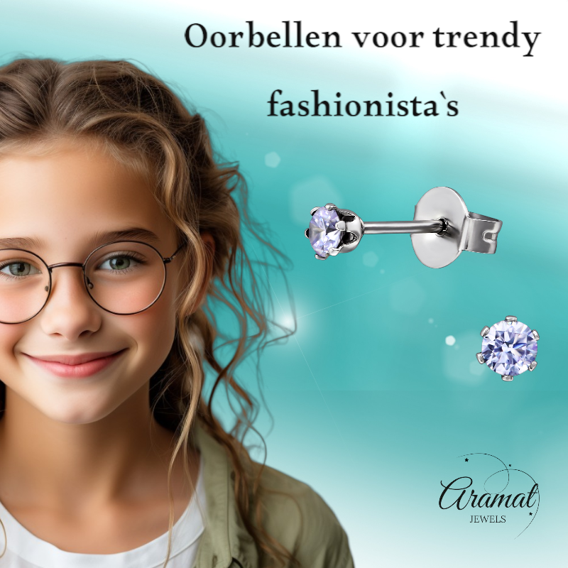 Zilverkleurige Zirkonia Oorbellen 3mm Lila