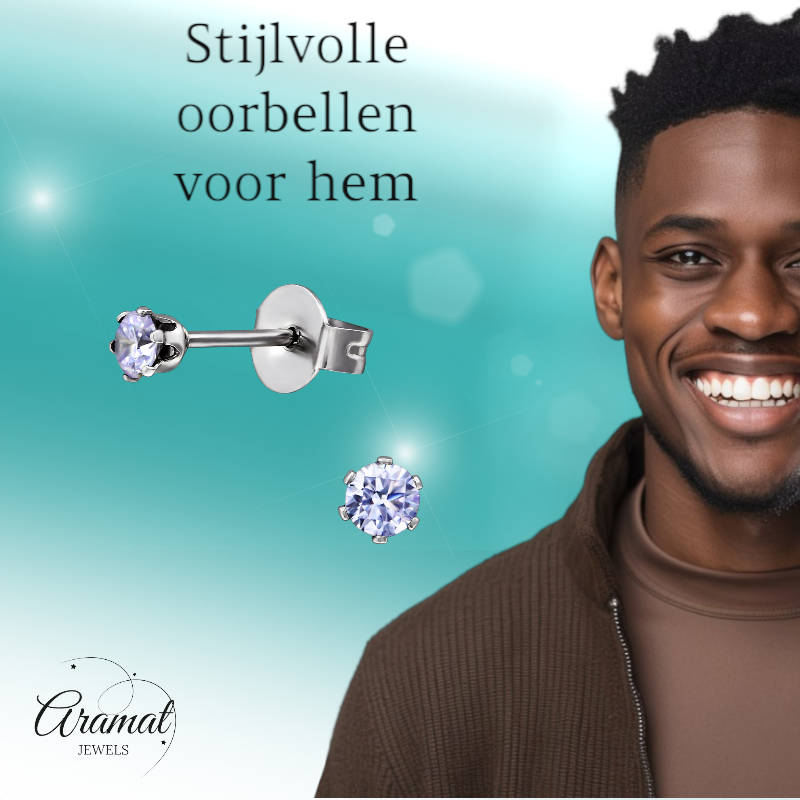 Zilverkleurige Zirkonia Oorbellen 3mm Lila