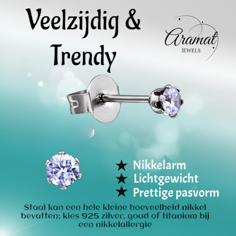 Zilverkleurige Zirkonia Oorbellen 3mm Lila