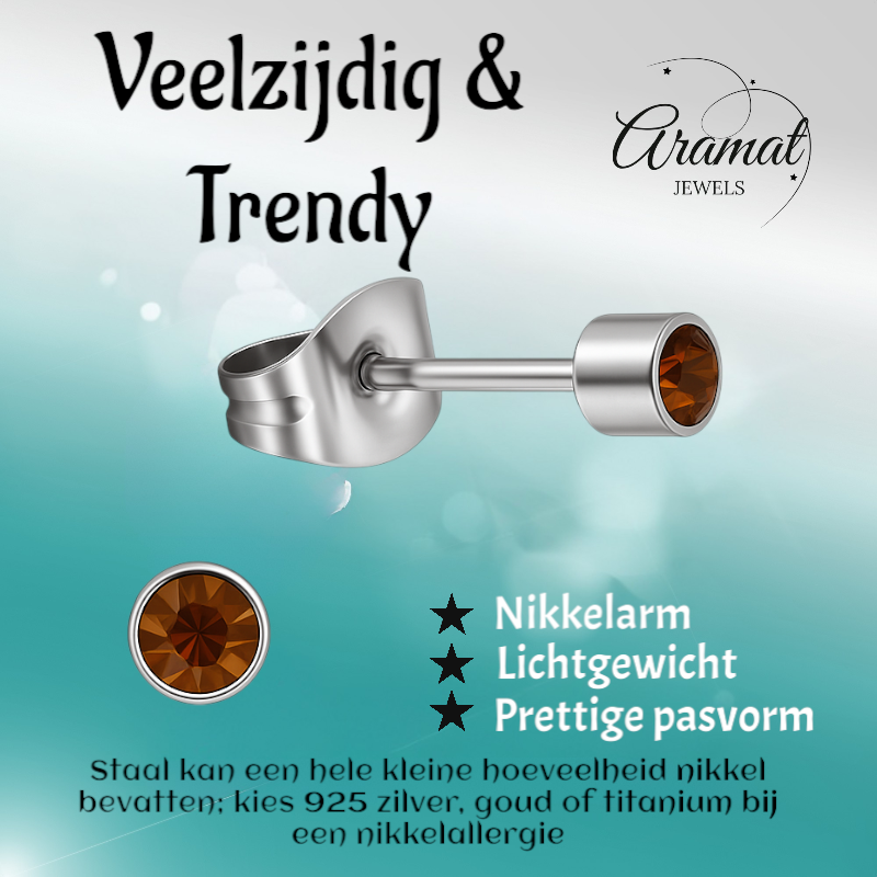 Mini boucles d'oreilles puces en cristal topaze brun – 3 mm en acier inoxydable