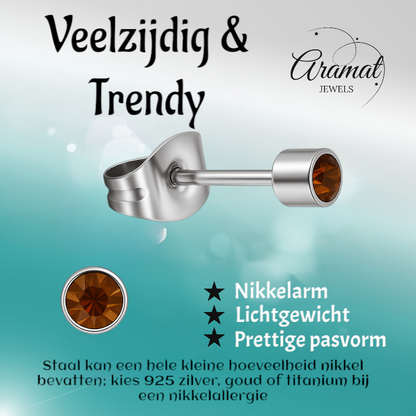 Mini boucles d'oreilles puces en cristal topaze brun – 3 mm en acier inoxydable