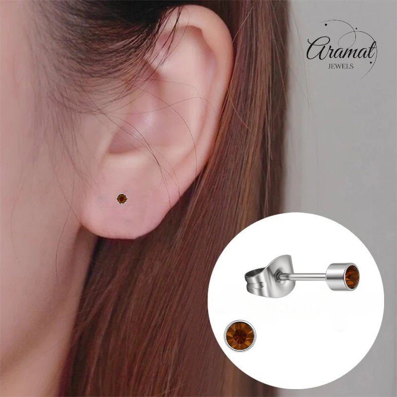 Mini boucles d'oreilles puces en cristal topaze brun – 3 mm en acier inoxydable
