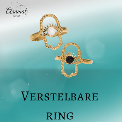 Open Ring RVS Hamsa Hand en Oog met Emaille (18 mm)