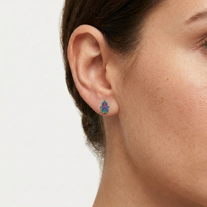 Multikleur Hamsa Oorstekers RVS – Regenboog Handje van Fatima (9x8mm)