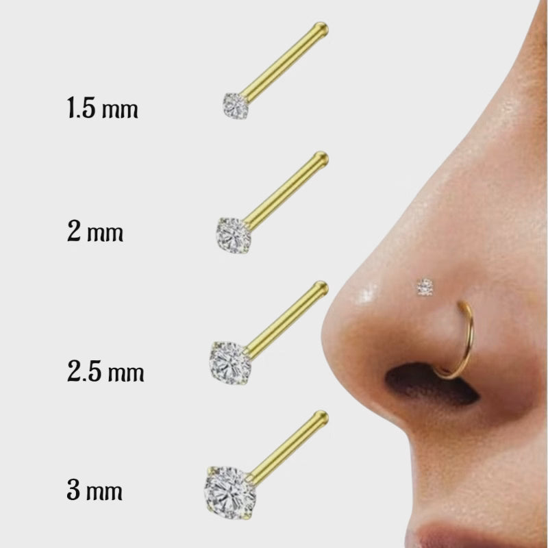 Goudkleurige Neuspiercing Transparante Zirkonia – Recht Staafje 1.5mm 2mm 2.5mm 3mm