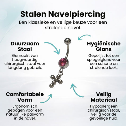 Roze Zirkonia Stalen Navelpiercing met Kruisje