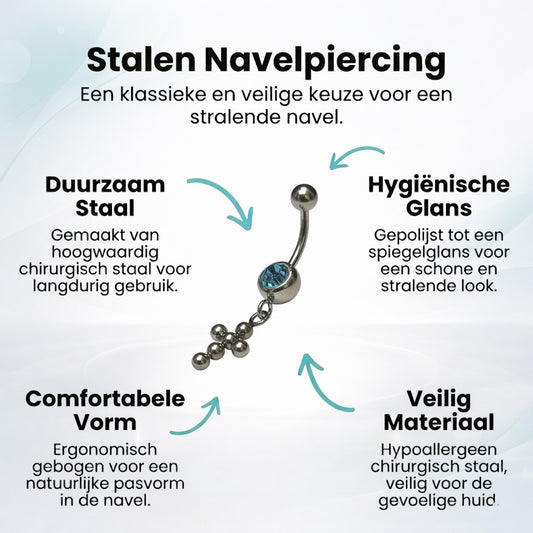 Lichtblauwe Zirkonia Navelpiercing met Kruisje