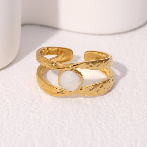 Open Ring RVS met Gehamerd Motief en Emaille Cirkel (9,5 mm)