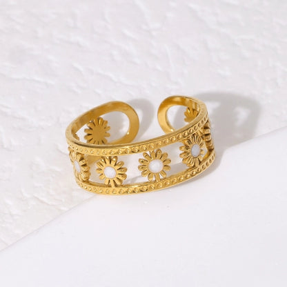 Verstelbare RVS Ring met Emaille Bloemen - Goudkleur (7 mm)