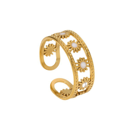 Verstelbare RVS Ring met Emaille Bloemen - Goudkleur (7 mm)