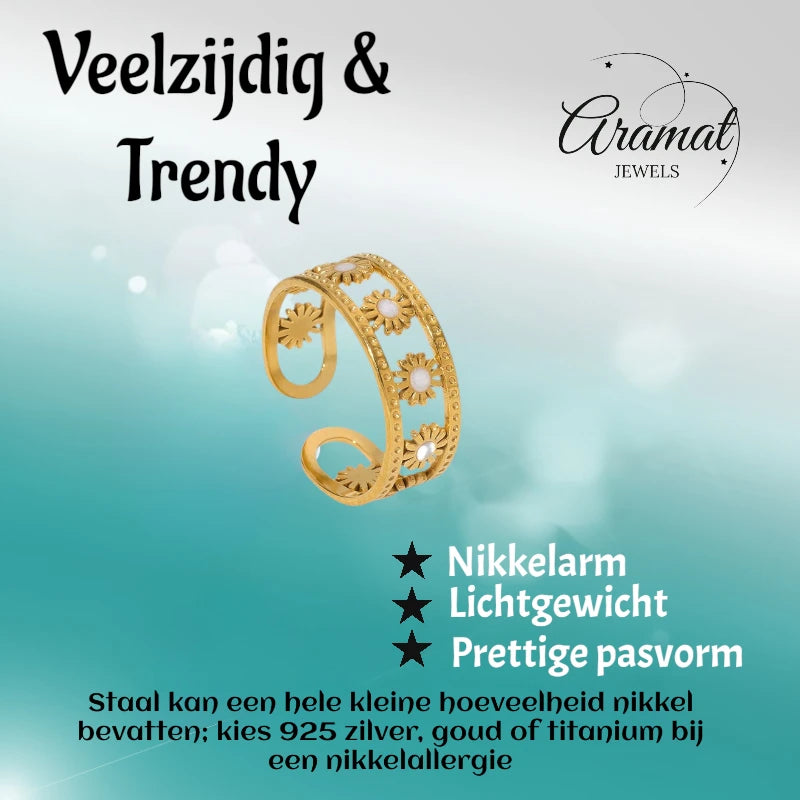 Verstelbare RVS Ring met Emaille Bloemen - Goudkleur (7 mm)