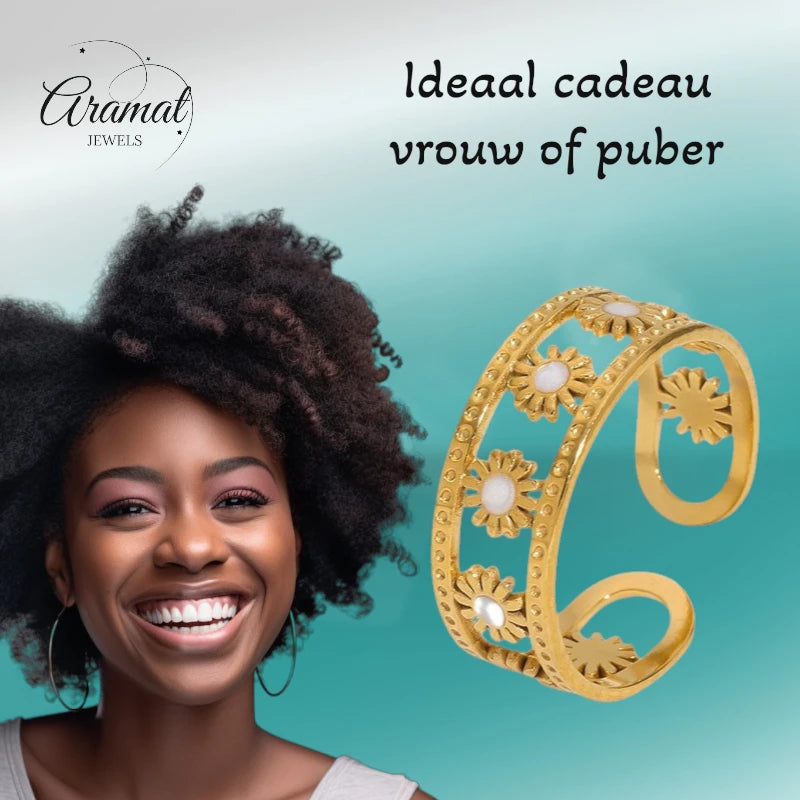 Verstelbare RVS Ring met Emaille Bloemen - Goudkleur (7 mm)