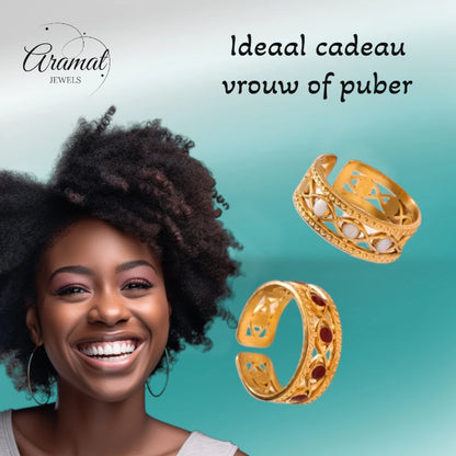 Goudkleurige Verstelbare RVS Ring met Emaille Boze Ogen - 7 mm