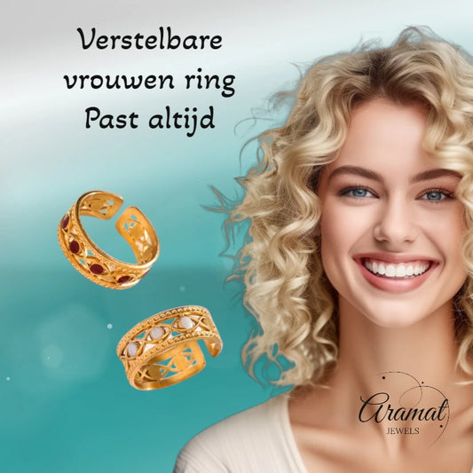 Goudkleurige Verstelbare RVS Ring met Emaille Boze Ogen - 7 mm