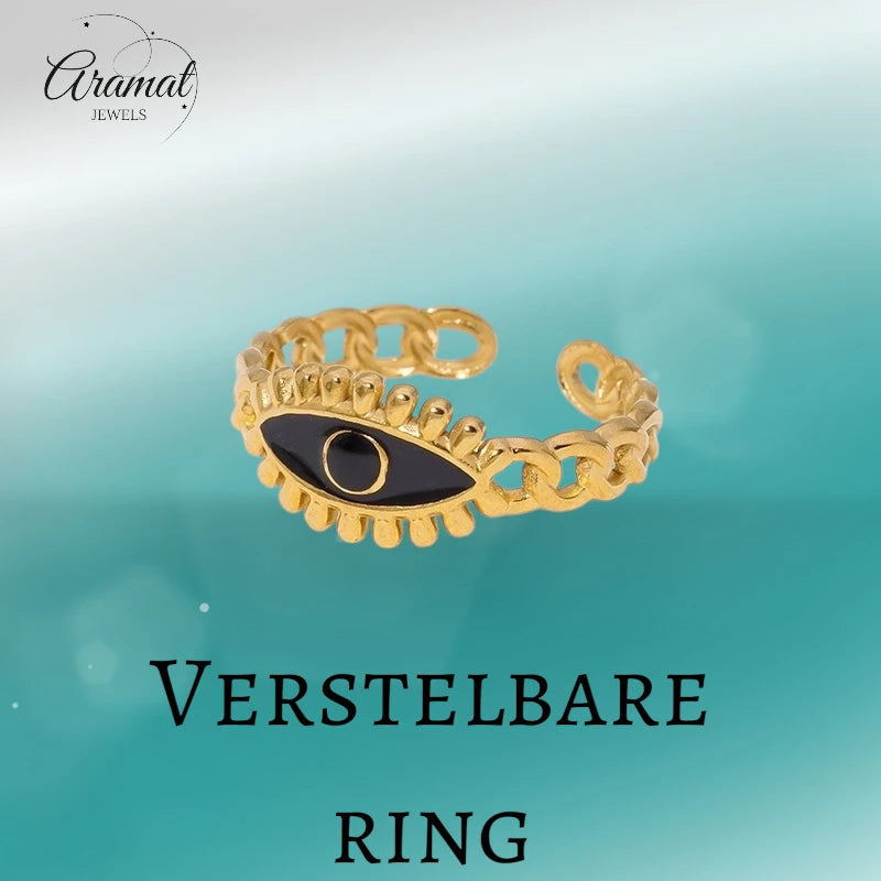 Goudkleurige Verstelbare RVS Ring met Zwart Emaille Boze Oog - 9 mm