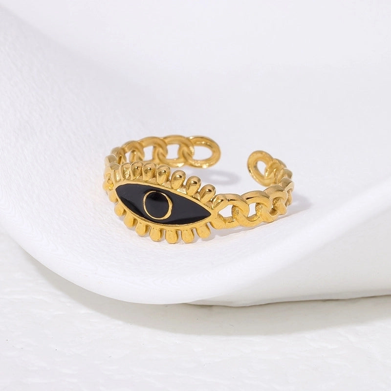 Goudkleurige Verstelbare RVS Ring met Zwart Emaille Boze Oog - 9 mm