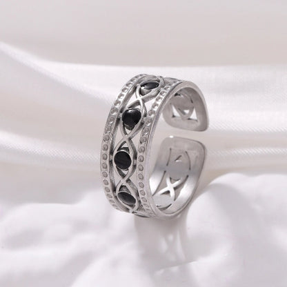 Zilverkleurige Verstelbare RVS Ring met Zwart Boze Oog en Schakelmotief