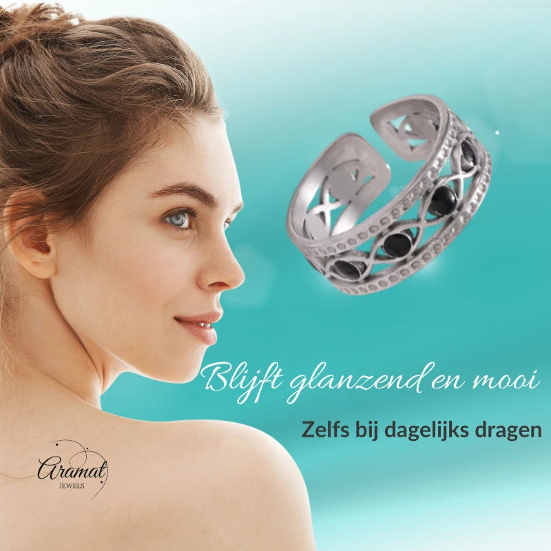 Zilverkleurige Verstelbare RVS Ring met Zwart Boze Oog en Schakelmotief