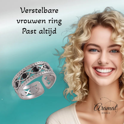 Zilverkleurige Verstelbare RVS Ring met Zwart Boze Oog en Schakelmotief